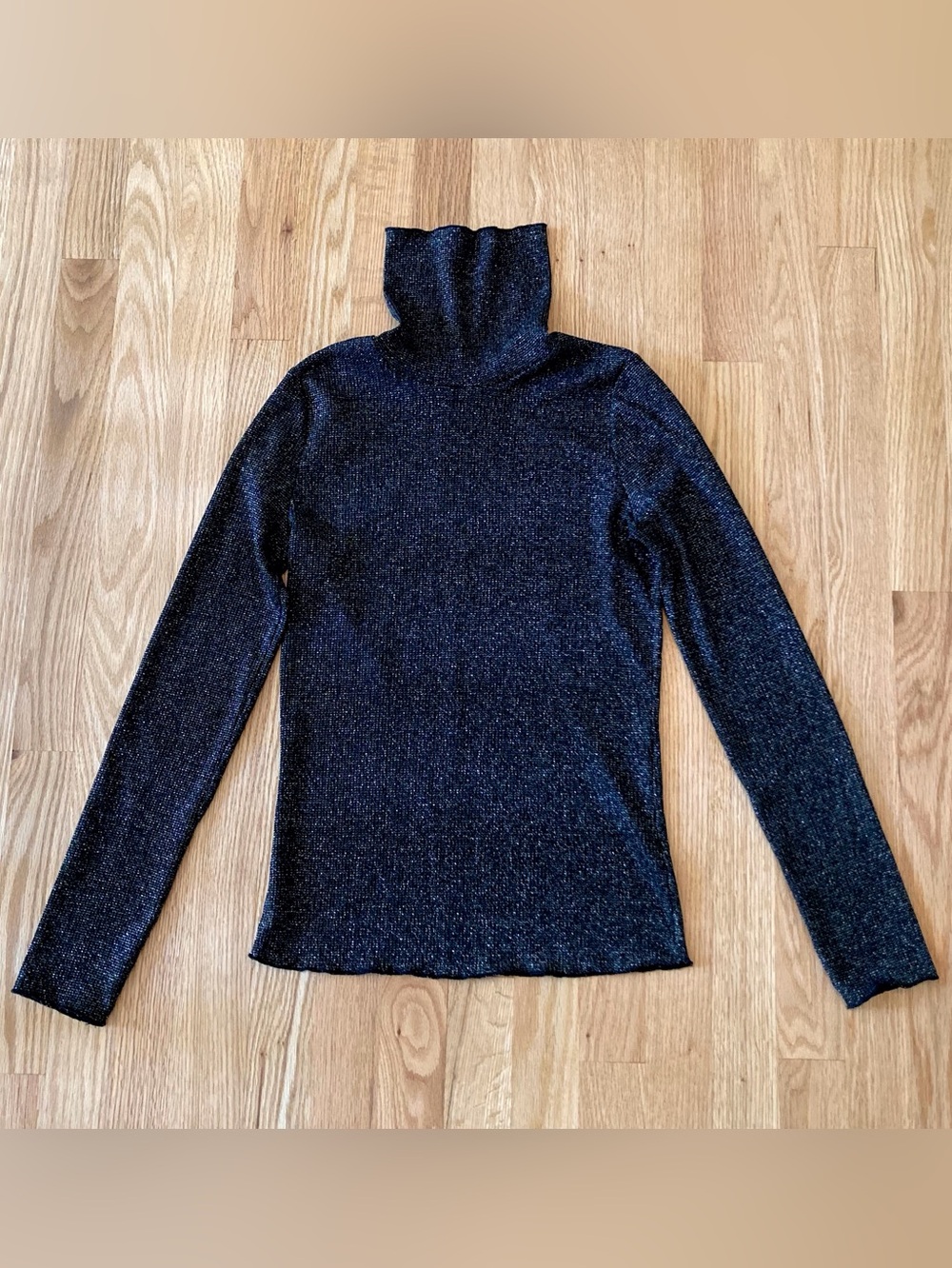 ZARA Black Metallic Waffle Knit Turtleneck Sz M
